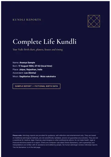 Cover of the sample Complete Life Kundli, made with fictional birth data